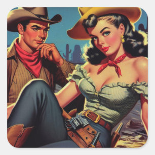 Sticker Carré Vintage Cowboy et Cowgirl