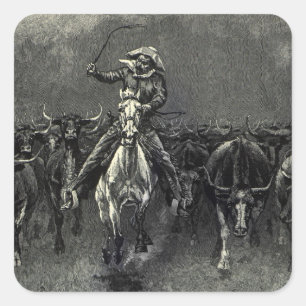 Sticker Carré Vintage Cowboys, Une Débandade par Frederic Reming