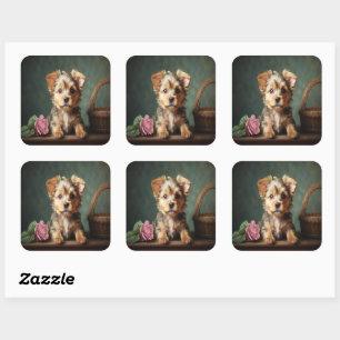 Sticker Carré Vintage Cute Chiot Yorkshire Terrier Portrait Rose