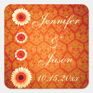 Sticker Carré Vintage Damas orange et marguerites roses