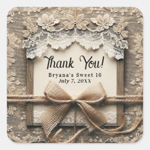 Sticker Carré Vintage dentelle florale Burlap Bow Sweet 16 Anniv