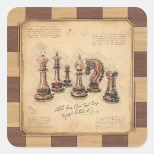 Sticker Carré Vintage échiquier et pièces d'échecs, cadeau du jo