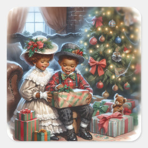 Sticker Carré Vintage Enfants Ouverture des présentations de Noë