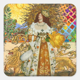 Sticker Carré Vintage femme Soleil d'or : Leo Zodiac Collage Art