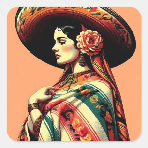 Sticker Carré Vintage Fiesta Mujer Mariachi Mexicana