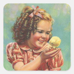 Sticker Carré Vintage fille avec bébé poussin, Joyeux enfant sou