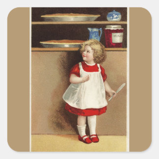 Sticker Carré Vintage fille en robe rouge et tartes