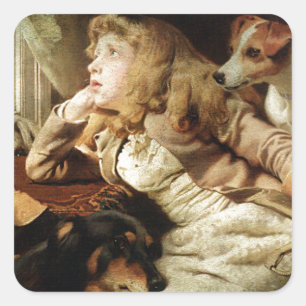 Sticker Carré Vintage fille et deux chiens Grunge encadrée