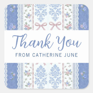 Sticker Carré Vintage Fleurs Bleu Soft Remerciement avec Nom