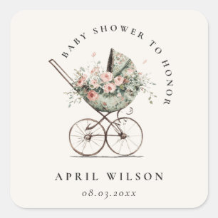 Sticker Carré Vintage Floral Green Blush Baby shower