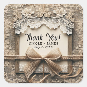 Sticker Carré Vintage Floral Lace Burlap Rustique Mariage