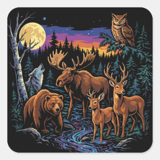 Sticker Carré Vintage Forest Wildlife Animals Moose Bear Wolf De