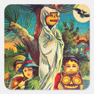 Sticker Carré Vintage Halloween enfants citrouille Vacances auto