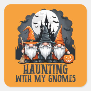 Sticker Carré Vintage Halloween Maison hantée sorcière Gnome Ora