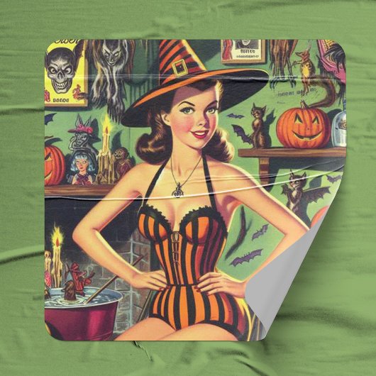 Sticker Carré Vintage Halloween mignonne sorcière Pinup