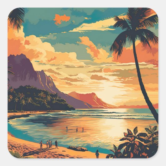 Sticker Carré Vintage Hawaii Beach (Devant)