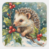 Sticker Carré Vintage Hedgehog Among Holly Christmas (Devant)