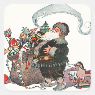 Sticker Carré Vintage Jolly Vieux Elfe Père Noël Cadeaux Noël