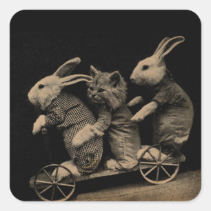 Sticker Carré Vintage Kitten et Bunny Funny photo