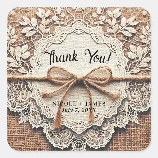 Sticker Carré Vintage Lace & Burlap Twine Rustique Mariage (Devant)