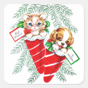 Sticker Carré Vintage Mid Century Beau bébé Chiot Kitten