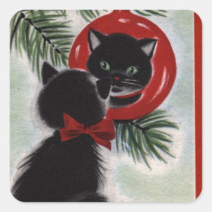 Sticker Carré Vintage Noël Chat Noir Regardant L'Ornement