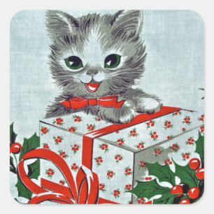 Sticker Carré Vintage Noël Kitty Chat avec cadeau