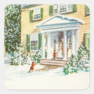 Sticker Carré Vintage Noël Neige d'hiver Retour Maison