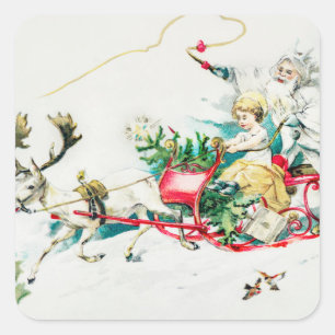 Sticker Carré Vintage Noël Panier de cerfs de Noël Paintes vacan