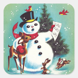 Sticker Carré Vintage Noël Snowman Jouer Avec Des Animaux