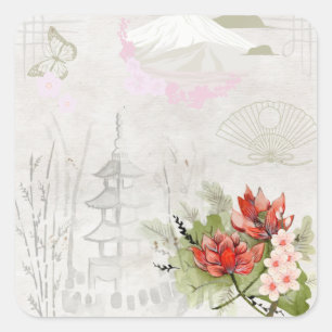 Sticker Carré Vintage Pastel Illustration traditionnelle japonai