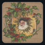 Sticker Carré Vintage Père Noël Antique Holly Christmas<br><div class="desc">Cette image vintage de Père Noël et de Noël est une carte de Noël à l'ancienne datant du 18ème siècle.</div>