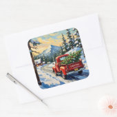 Sticker Carré Vintage Red Truck Carrying Christmas Tree (Enveloppe)