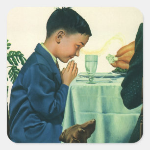 Sticker Carré Vintage Religion, garçon disant le bénédicité à Th