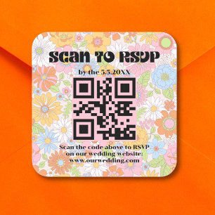 Sticker Carré vintage script rétro rsvp qr code mariage floral