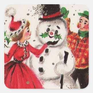 Sticker Carré Vintage Snowman De Noël Avec Famille