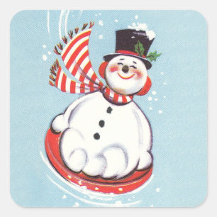 Sticker Carré Vintage Snowman sur disque neige