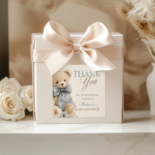 Sticker Carré Vintage Teddy Bear Blue Bow Baby Shower Merci