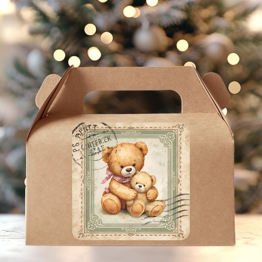 Sticker Carré Vintage Teddy Bear Hug Postage Stamp 