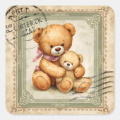 Sticker Carré Vintage Teddy Bear Hug Postage Stamp  (Devant)