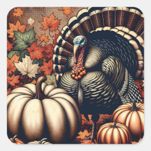 Sticker Carré Vintage Thanksgiving Turquie et Citrouilles