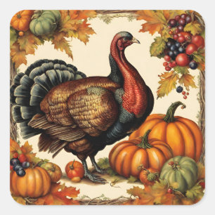 Sticker Carré Vintage Thanksgiving Turquie, fruits et Citrouille
