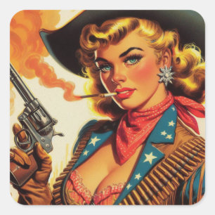 Sticker Carré Vintage Western Cowgirl Pin Up