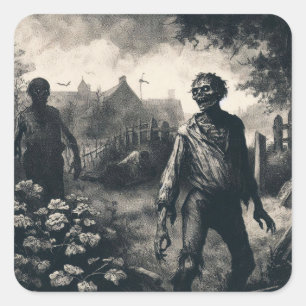 Sticker Carré Vintage Zombie Etching Horreur Éffrayant mort