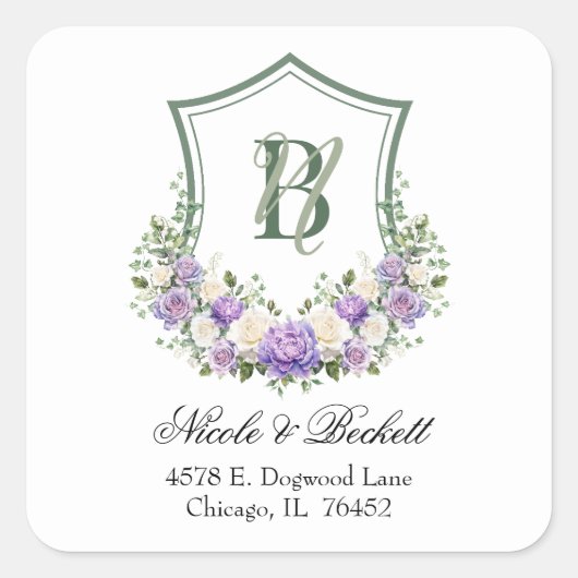 Sticker Carré Violet Blanc Floral Crest Mariage Adresse de retou (Devant)