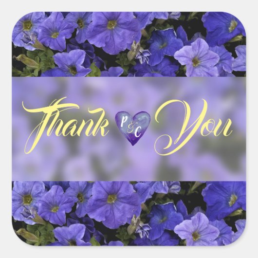 Sticker Carré Violet bleu Petunias Mariage Merci (Devant)