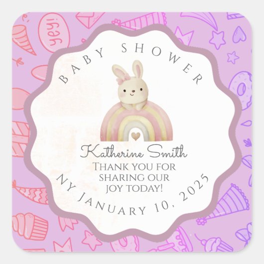 Sticker Carré VIOLET bunny pastel party babyshower (Devant)