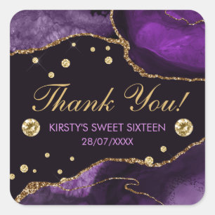 Sticker Carré Violet et faux or Paillettes Agate Sweet 16