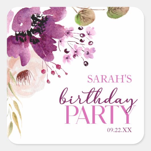 Sticker Carré Violet Magenta Purple Floral fête d'anniversaire (Devant)