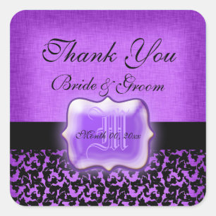 Sticker Carré Violet noir "merci" mariage damask